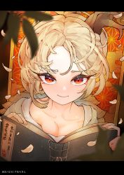 Rule 34 | 1girl, bad id, bad pixiv id, blonde hair, blush, book, breasts, cleavage, eyebrows hidden by hair, highres, holding, horns, kicchou yachie, looking at viewer, red eyes, short hair, smile, solo, suarokin, touhou