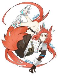 Rule 34 | 1girl, absurdly long hair, animal ears, arknights, armor, artist name, black gloves, brown skirt, chinese commentary, closed mouth, commentary request, flametail (arknights), floating, full body, gloves, highres, light smile, long hair, looking at viewer, orange eyes, orange hair, orange tail, procreate (medium), shirt, shoe soles, shoes, shoulder armor, signature, simple background, skirt, sneakers, solo, tail, thigh strap, very long hair, white background, white footwear, white shirt, yonghu7371704735 (wiliam)