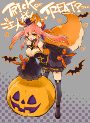 Rule 34 | 10s, 1girl, :d, animal ears, bare shoulders, bat (animal), black thighhighs, blush, bow, breasts, cleavage, detached sleeves, fate/extra, fate (series), fox ears, fox tail, hair bow, hair ribbon, halloween, hat, heart, jack-o&#039;-lantern, large breasts, long hair, looking at viewer, mini hat, mini top hat, official alternate costume, open mouth, pink hair, ribbon, smile, solo, tail, tamamo no mae (fate/extra), tamamo no mae (sable mage) (fate), thighhighs, top hat, trick or treat, twintails, yakan (kusogaki teikoku), yellow eyes, zettai ryouiki
