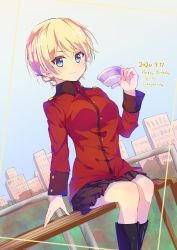 Rule 34 | 1girl, absurdres, black footwear, black skirt, blonde hair, blue eyes, boots, border, braid, building, character name, closed mouth, commentary request, cup, darjeeling (girls und panzer), dated, day, dutch angle, english text, epaulettes, girls und panzer, happy birthday, highres, holding, holding cup, jacket, long sleeves, looking at viewer, military, military uniform, miniskirt, outdoors, pizza (pizzania company), pleated skirt, red jacket, short hair, sitting, skirt, smile, solo, st. gloriana&#039;s military uniform, teacup, twin braids, uniform, yellow border