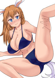Rule 34 | 1girl, animal ears, arm support, bare shoulders, bikini, blue bikini, blue eyes, blush, breasts, brown hair, charlotte e. yeager, cleavage, crotch, highres, huge breasts, komusou (jinrikisha), leg lift, long hair, lying, navel, on side, orange hair, rabbit ears, rabbit girl, rabbit tail, simple background, smile, solo, spread legs, strike witches, swimsuit, tail, underboob, white background, world witches series