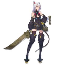 Rule 34 | 1girl, animal ears, arknights, bare shoulders, black dress, black footwear, black thighhighs, boots, chain, detached sleeves, dress, full body, gloves, hair between eyes, hand on own hip, holding, holding sword, holding weapon, long hair, long sleeves, looking at viewer, mouse ears, mouse tail, official art, rainli, scavenger (arknights), short dress, silver hair, sleeveless, sleeveless dress, solo, standing, sword, tail, thigh boots, thighhighs, transparent background, weapon, yellow eyes, yellow gloves, zettai ryouiki
