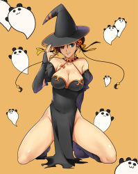 Rule 34 | 1girl, alternate costume, bare shoulders, breasts, brown hair, capcom, china dress, chinese clothes, chun-li, cleavage, collar, detached sleeves, dress, earrings, ffc, green eyes, hair bun, hair ornament, hair over one eye, hair ribbon, halloween, hat, jack-o&#039;-lantern, jewelry, kneeling, large breasts, nail polish, no panties, one eye closed, panda, pelvic curtain, pumpkin, ribbon, single hair bun, smile, solo, spiked collar, spikes, street fighter, thighs, wink, witch, witch hat