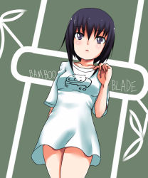 Rule 34 | 00s, 1girl, bamboo blade, black hair, cowboy shot, dress, expressionless, green background, grey eyes, johnny funamushi, kawazoe tamaki, legs together, looking at viewer, short hair, short sleeves, simple background, solo, standing, text focus, white dress