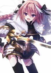 Rule 34 | 1boy, astolfo (fate), black thighhighs, blush, braid, cape, cowboy shot, emia (castilla), fang, fate/apocrypha, fate/grand order, fate (series), garter straps, gauntlets, gloves, hair ribbon, highres, holding, holding sword, holding weapon, long hair, looking at viewer, male focus, open mouth, pink hair, purple eyes, ribbon, single braid, smile, solo, standing, sword, thighhighs, trap, v-shaped eyebrows, weapon