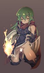 Rule 34 | 1girl, aruka schild, breasts, cape, censored, closed mouth, collagen, fire, green hair, heart, heart censor, highres, long hair, looking at viewer, needless, simple background, solo, yellow eyes