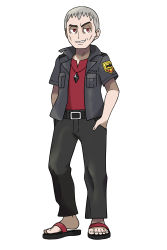 Rule 34 | 1boy, absurdres, asatsuki (fgfff), black jacket, commentary request, creatures (company), flip-flops, full body, game freak, grey hair, hand in pocket, highres, jacket, male focus, nanu (pokemon), nintendo, open clothes, open jacket, pants, pokemon, pokemon sm, red eyes, red shirt, sandals, shirt, short hair, short sleeves, smirk, solo, standing, toes