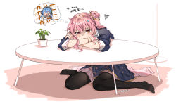 Rule 34 | 1girl, anemachi, text background, black pantyhose, blue hair, bracelet, chabudai (table), crossed arms, head on table, highres, hololive, hoshimachi suisei, jewelry, light blush, looking down, pantyhose, pink hair, plant, sitting, skirt, squiggle, star (symbol), table, thought bubble, translation request, tsukino (nakajimaseiki), virtual youtuber, wariza