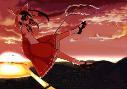 Rule 34 | 1girl, ascot, bare shoulders, between thighs, black hair, bow, bridge, cityscape, cloud, detached sleeves, evening, female focus, floating, flying, frilled skirt, frills, gohei, hair bow, hakurei reimu, horizon, japanese clothes, mary janes, miko, mountain, ocean, outdoors, ponytail, red eyes, red shirt, red skirt, red sky, red theme, ribbon, ribbon-trimmed sleeves, ribbon trim, river, scenery, shiromiso, shirt, shoes, short hair, silhouette, skirt, sky, sleeveless, sleeveless shirt, smile, socks, solo, sun, sunset, touhou, water, white socks, wind