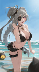 Rule 34 | 1girl, :d, absurdres, alchemy stars, bare arms, bare shoulders, bikini, black bikini, black choker, black scrunchie, breasts, bridal garter, choker, clenched hand, commentary, cowboy shot, eicy (alchemy stars), eyepatch, grey hair, hair ornament, hair scrunchie, hand up, highres, large breasts, long braid, long hair, looking at viewer, navel, open mouth, purple eyes, scrunchie, side ponytail, smile, so shio, solo, standing, stomach, swimsuit, thighs, very long hair