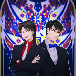 Rule 34 | 2boys, absurdres, black eyes, black hair, black jacket, blazer, blue bow, blue bowtie, bow, bowtie, closed mouth, collared shirt, commentary request, crossed arms, expressionless, formal, highres, ichijou seiya, jacket, kaiji, long hair, long sleeves, looking at viewer, male focus, medium bangs, momojiri aya, multiple boys, murakami tamotsu, necktie, open mouth, outline, pachinko, parted bangs, pointy nose, red shirt, shirt, short hair, smile, suit, upper body, white necktie, white outline, white shirt
