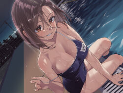 Rule 34 | 1girl, asmr, blue one-piece swimsuit, breasts, brown eyes, brown hair, chain-link fence, character name, cleavage, colored eyelashes, competition school swimsuit, covered navel, drain (object), dutch angle, fence, from side, grin, hair between eyes, hand up, herio, highres, lane line, looking at viewer, medium breasts, medium hair, name tag, night, night sky, non-web source, one-piece swimsuit, original, outdoors, pool, poolside, power lines, pulling own clothes, reflection, reflective water, school swimsuit, sitting, sky, smile, soaking feet, solo, straight hair, strap pull, strap slip, swept bangs, swimsuit, tree, twisted torso, utility pole, water, wet, wet hair