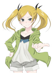 Rule 34 | 10s, 1girl, blonde hair, blush, collarbone, cowboy shot, female focus, foreshortening, grey eyes, hair ornament, hairclip, hand on own hip, highres, hood, hoodie, long hair, looking at viewer, pointing, shirobako, shorts, simple background, smile, solo, tomcat, twintails, upper body, yano erika