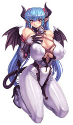 Rule 34 | 1girl, blue hair, breasts, cleavage, comic unreal, covered erect nipples, curvy, demon girl, drill hair, earrings, full body, high heels, horns, huge breasts, jewelry, kneeling, long hair, looking at viewer, mogudan, nipples, pointy ears, puffy nipples, red eyes, simple background, skull, smile, solo, tail, thick thighs, thighs, twintails, white background, wings