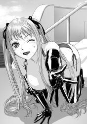Rule 34 | 1girl, all fours, bikini, black thighhighs, blush, boat, breasts, cloud, covered erect nipples, crossdressing, elbow gloves, facial tattoo, futanari, gloves, greyscale, hanabusu arisu, highres, kagosaka mahiro, large breasts, looking at viewer, monochrome, my doll house, newhalf, one eye closed, open mouth, original, outstretched hand, side-tie bikini bottom, sky, smile, solo, star (symbol), swimsuit, tattoo, thighhighs, water, watercraft, wig, wink, yui toshiki