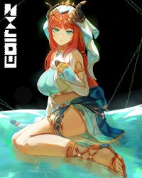 Rule 34 | 1girl, absurdres, amoeba (trtp4248), blunt bangs, feet, forehead jewel, genshin impact, green eyes, hand on own chest, harem outfit, highres, horns, long sleeves, looking at viewer, nilou (genshin impact), puffy long sleeves, puffy sleeves, red hair, sandals, skirt, solo, toes, veil, water