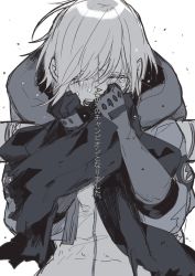 Rule 34 | 1girl, animification, apex legends, blush, bodysuit, clenched hands, closed eyes, crying, gloves, greyscale, hair behind ear, highres, holding, holding clothes, holding scarf, hood, hooded jacket, jacket, lightning bolt symbol, monochrome, open mouth, scarf, shirasu uni, solo, translated, wattson (apex legends), white background