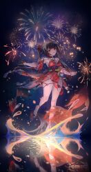Rule 34 | 1girl, absurdres, bare shoulders, barefoot, bell, brown hair, caisena, chinese clothes, detached sleeves, dress, fireworks, fish, fox mask, highres, honkai: star rail, honkai (series), long hair, looking at viewer, mask, mihoyo, mole, mole under each eye, mole under eye, multiple moles, neck bell, pink eyes, red dress, reflection, reflective water, sandals, smile, solo, sparkle (honkai: star rail), thighs, twintails, water drop