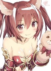 Rule 34 | 10s, 1girl, :3, animal ears, armor, bare shoulders, blush, breasts, cerberus (shingeki no bahamut), cleavage, dog ears, eyebrows, fang, fang out, gauntlets, hair between eyes, kani biimu, looking at viewer, medium breasts, red armor, red hair, shingeki no bahamut, simple background, sketch, smile, solo, twintails, upper body, white background