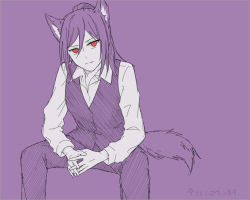 Rule 34 | 1girl, animal ears, bang dream!, between legs, closed mouth, collared shirt, expressionless, hand between legs, limited palette, looking at viewer, pants, ponytail, purple hair, red eyes, seta kaoru, shinamonneko, shirt, solo, tail, vest, wolf ears, wolf tail