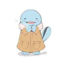Rule 34 | :d, blush, brown coat, closed eyes, clothed pokemon, coat, creatures (company), full body, game freak, gen 2 pokemon, long sleeves, milka (milk4ppl), nintendo, no humans, open mouth, pokemon, pokemon (creature), quagsire, signature, smile, solo, standing, toes, tongue, white background