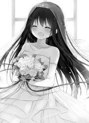 Rule 34 | 1girl, :d, ^ ^, amamiya hisui, bare shoulders, black hair, blush, bouquet, breasts, bridal gauntlets, bridal veil, cleavage, closed eyes, collarbone, commentary request, cowboy shot, dress, eyelashes, facing viewer, floating hair, flower, hair between eyes, happy, highres, holding, holding bouquet, kushima kamome, light particles, long hair, medium breasts, monochrome, open mouth, own hands together, ribbon, rose, smile, solo, standing, straight hair, summer pockets, tiara, veil, very long hair, wedding dress, white flower, white rose