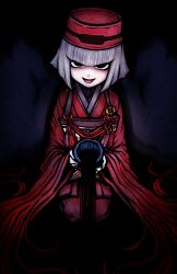 Rule 34 | 1girl, absurdres, black eyes, chajinbou, cup, fate/grand order, fate (series), ghost hands, highres, holding, holding cup, japanese clothes, kimono, liquid, looking at viewer, nazo no diaboro, open mouth, pale skin, pouring, red headwear, red kimono, seiza, sen no rikyu (fate), sen no rikyu (first ascension) (fate), short hair, sitting, smile, solo, white hair