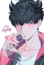 Rule 34 | 1boy, ahoge, black hair, black jacket, blue nails, bottle, drinking, ear piercing, earrings, fingernails, hair ears, hair horns, hand up, high collar, highres, holding, holding bottle, jacket, jewelry, kamonekm, lip piercing, long sleeves, looking to the side, male focus, nail polish, open mouth, original, piercing, pink eyes, pink jacket, sharp fingernails, shirt, short hair, simple background, slit pupils, solo, upper body, white background, white shirt