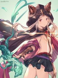 Rule 34 | 1girl, animal ears, bad id, bad pixiv id, bare back, black skirt, breasts, cloak, commentary, cowboy shot, dragon, erune, gleam, granblue fantasy, green background, hand in own hair, hood, hooded cloak, long hair, milli little, miniskirt, no bra, outstretched arm, red eyes, scathacha (granblue fantasy), shawl, sideboob, simple background, skirt, solo, twitter username, white hair