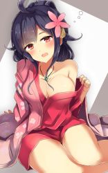 Rule 34 | 1girl, ahoge, alternate costume, bare shoulders, blush, breasts, cleavage, drunk, floral print, flower, hair flaps, hair flower, hair ornament, highres, japanese clothes, kantai collection, kimono, large breasts, magatama, natsu narumi, one-hour drawing challenge, open clothes, open kimono, open mouth, pink kimono, purple hair, red eyes, sitting, solo, taigei (kancolle), thighs