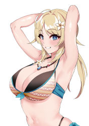Rule 34 | 1girl, ahoge, armpits, arms behind head, arms up, blonde hair, blue eyes, blush, breasts, cleavage, female focus, hachimiya meguru, hair ornament, highres, idolmaster, idolmaster shiny colors, jewelry, large breasts, long hair, necklace, smile, solo, swimsuit, upper body, za yu a