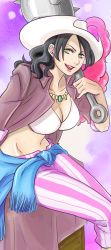 Rule 34 | 1girl, alvida (one piece), bikini, bikini top only, black hair, breasts, cleavage, club (weapon), cowboy hat, east blue, female focus, green eyes, hat, jewelry, long image, midriff, necklace, one piece, pants, shn (hikky- -3), sitting, solo, striped clothes, striped pants, swimsuit, tall image, vertical stripes, weapon