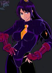 Rule 34 | 1girl, absurdres, armband, asamiya athena, bow, bowtie, crossover, gloves, glowing, glowing eyes, hands on own hips, hat, highres, leotard, long hair, pantyhose, parted lips, purple nails, seductive smile, shadaloo dolls, smile, snk, solo, the king of fighters