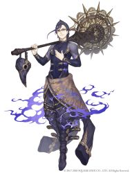 Rule 34 | 1boy, absurdres, belt, blue hair, collarbone, full body, glasses, gold trim, hair slicked back, hameln (sinoalice), hand on own chest, highres, ji no, jumpsuit, jumpsuit around waist, looking at viewer, male focus, official art, over shoulder, plague doctor mask, red eyes, serious, sinoalice, skin tight, solo, square enix, weapon, weapon over shoulder, white background