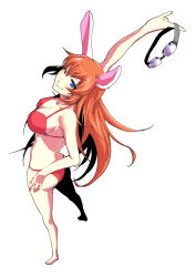 Rule 34 | 1girl, animal ears, arm up, bad id, bad pixiv id, bare legs, bare shoulders, bikini, blue eyes, breasts, charlotte e. yeager, foreshortening, from above, goggles, unworn goggles, grin, iwamoto eiri, large breasts, long hair, looking up, one eye closed, orange hair, rabbit ears, red bikini, simple background, smile, solo, standing, strike witches, swimsuit, world witches series