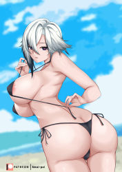 Rule 34 | 1girl, absurdres, amai-pai, areola slip, arlecchino (genshin impact), armpits, ass, bare shoulders, bikini, black eyes, black hair, blurry, blurry background, breasts, butt crack, cloud, genshin impact, grey hair, hair between eyes, highres, large breasts, looking at viewer, micro bikini, multicolored hair, parted lips, patreon username, red pupils, short hair, side-tie bikini bottom, sky, solo, strap pull, streaked hair, swimsuit, symbol-shaped pupils, thigh gap, thighs, two-tone hair, white hair, x-shaped pupils