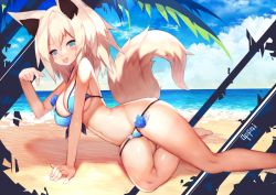 Rule 34 | 1girl, :p, animal ear fluff, animal ears, arm support, barefoot, beach, bikini, blonde hair, blue bikini, blue eyes, blue flower, blue rose, blue sky, blush, breasts, cleavage, cloud, curvy, day, flower, fox ears, fox tail, groin, halterneck, large breasts, leaf, long hair, looking at viewer, lying, mamuru, navel, ocean, on side, original, outdoors, palm tree, pointing, rose, sand, shade, shadow, sideboob, sky, smile, solo, string bikini, summer, swimsuit, tail, text focus, thigh gap, tongue, tongue out, tree, underboob, white hair, wide hips