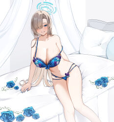 Rule 34 | 1girl, absurdres, asuna (blue archive), asymmetrical bangs, blue archive, blue bra, blue flower, blue panties, blue rose, blush, bra, breasts, cleavage, feet out of frame, fingernails, flower, hair over one eye, halo, highres, huge breasts, indoors, light brown hair, lingerie, long bangs, looking at viewer, nail polish, navel, norisukexxy, one eye covered, panties, rose, sitting, smile, solo, stomach, underwear