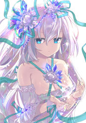 Rule 34 | 1girl, blue eyes, blue ribbon, breasts, cleavage, closed mouth, commentary request, detached sleeves, dress, eyebrows hidden by hair, flower, frilled dress, frills, hair between eyes, hair flower, hair ornament, hair ribbon, highres, long hair, medium breasts, nyori, original, puffy sleeves, ribbon, silver hair, simple background, solo, strapless, strapless dress, upper body, very long hair, white background, white dress, white flower, white sleeves, wide sleeves