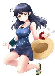 Rule 34 | 1girl, ahoge, black hair, blue skirt, blue one-piece swimsuit, breasts, brown eyes, casual one-piece swimsuit, collarbone, commentary request, dress, hat, highres, kantai collection, kuroneko86, long hair, medium breasts, one-hour drawing challenge, one-piece swimsuit, pleated dress, polka dot, polka dot swimsuit, sandals, scrunchie, unworn shirt, simple background, skirt, solo, straw hat, sun hat, swimsuit, ushio (kancolle), white background, wrist scrunchie