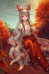 Rule 34 | 1girl, absurdres, autumn, autumn leaves, blush, boots, bow, breasts, brown footwear, buttons, closed mouth, collared shirt, cryturtle, eyes visible through hair, fingernails, footwear bow, fujiwara no mokou, grass, grey bow, grey hair, hair between eyes, hair bow, hand up, highres, juliet sleeves, lake, leaf, long hair, long sleeves, looking to the side, multicolored bow, ofuda, ofuda on clothes, pants, puffy long sleeves, puffy sleeves, red bow, red eyes, red pants, rock, shadow, shirt, sitting, small breasts, smile, solo, sun, teeth, touhou, water, white bow, white shirt
