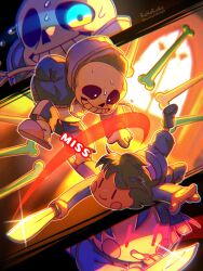 Rule 34 | 1boy, 1other, artist name, black hair, black shorts, blue jacket, blue shirt, blue shorts, bone, chara (undertale), child, evil smile, fighting stance, glowing, glowing eye, highres, holding, holding knife, holding weapon, hood, hood down, hooded jacket, jacket, knife, korokor59513559, nervous sweating, open clothes, open jacket, sans, shirt, short hair, shorts, skeleton, slippers, smile, sweat, teeth, twitter username, undertale, weapon, white shirt