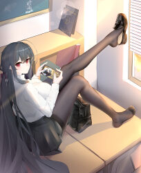 Rule 34 | 1girl, absurdres, ahigashi (3098644761), artist name, azur lane, bag, black bag, black footwear, black hair, black skirt, book, bookshelf, breasts, brown pantyhose, cellphone, chalkboard, chinese commentary, collared shirt, commentary request, desk, from above, full body, highres, holding, holding phone, huge breasts, indoors, long hair, long sleeves, looking at viewer, looking to the side, miniskirt, official alternate costume, on desk, pantyhose, phone, pleated skirt, red eyes, school bag, school uniform, shirt, shoe dangle, shoes, sitting, skirt, smartphone, solo, taihou (azur lane), taihou (sweet time after school) (azur lane), thighband pantyhose, user interface, very long hair, white shirt