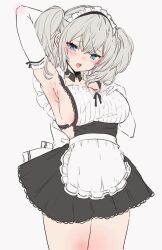 Rule 34 | 1girl, alternate costume, apron, arm up, armpits, black collar, black dress, blue eyes, blush, breasts, chigasaki yukari, collar, collarbone, cowboy shot, detached collar, dress, enmaided, frilled apron, frills, gloves, hand on own chest, kantai collection, kashima (kancolle), large breasts, looking at viewer, maid, maid apron, maid headdress, medium hair, open mouth, short dress, sideboob, simple background, sleeveless, sleeveless dress, solo, standing, thighs, twintails, unfinished, waist apron, white apron, white background, white gloves, white hair