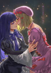 Rule 34 | 2girls, beret, black dress, black gloves, blonde hair, blue bow, blue bowtie, blue hair, blunt bangs, blush, bow, bowtie, check commentary, commentary, commentary request, dress, face-to-face, fingernails, frederica bernkastel, frilled dress, frills, gloves, grabbing, grabbing another&#039;s breast, gradient background, hair between eyes, half-closed eyes, hand on another&#039;s arm, hat, highres, imminent kiss, jewelry, lambdadelta, le li an, long hair, long sleeves, looking at another, multiple girls, necklace, parted lips, pink dress, pink headwear, purple eyes, red bow, red eyes, short hair, sitting, smile, umineko no naku koro ni, wide sleeves, witch, yuri