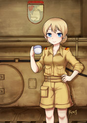 Rule 34 | 10s, 1girl, absurdres, alternate costume, artist name, bare legs, belt, blonde hair, blue eyes, braid, brown belt, camouflage, closed mouth, cup, darjeeling (girls und panzer), desert camouflage, emblem, eyebrows, flower, girls und panzer, hand on own hip, highres, holding, holding cup, jacy, looking at viewer, machinery, military, military uniform, military vehicle, motor vehicle, school uniform, short hair, shorts, sleeves rolled up, smile, solo, st. gloriana&#039;s (emblem), st. gloriana&#039;s school uniform, standing, tank, teacup, teapot, twin braids, uniform
