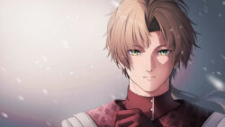 Rule 34 | 1boy, blonde hair, closed mouth, commentary, expressionless, gloves, green eyes, highres, junu (jwoo5627), looking at viewer, low ponytail, male focus, mole, mole under eye, mushoku tensei, portrait, red gloves, revision, rudeus greyrat, sidelighting, snowing, solo, straight-on