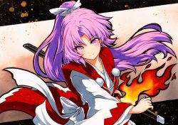 Rule 34 | 1girl, brown background, closed mouth, fire, holding, holding sword, holding weapon, japanese clothes, kataginu, long hair, long sleeves, looking at viewer, meira (touhou), parted bangs, pom pom (clothes), ponytail, purple eyes, purple hair, qqqrinkappp, smile, solo, sword, touhou, touhou (pc-98), traditional media, upper body, v-shaped eyebrows, weapon, wide sleeves