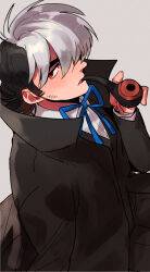 Rule 34 | 1boy, beachricefield, black coat, black hair, black jack (character), black jack (series), blue ribbon, coat, collared shirt, facial scar, grey background, highres, holding, holding smoking pipe, long sideburns, long sleeves, looking at viewer, male focus, multicolored hair, neck ribbon, open mouth, red eyes, ribbon, scar, scar on cheek, scar on face, shirt, short hair, sideburns, simple background, smoking pipe, solo, split-color hair, thick eyebrows, two-tone hair, white hair, white shirt