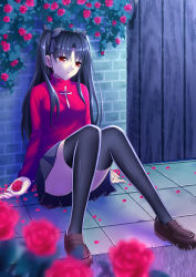 Rule 34 | 1girl, black hair, black thighhighs, blurry, depth of field, egnis, fate/stay night, fate (series), flower, hair ribbon, highres, long hair, long legs, red eyes, red flower, red rose, ribbon, rose, sitting, solo, thighhighs, tohsaka rin, two side up